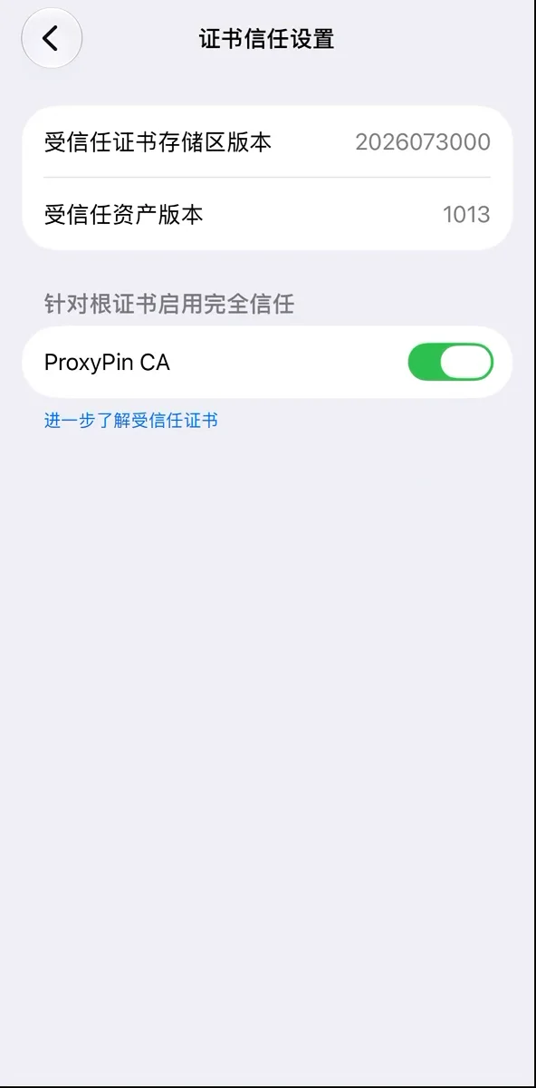 iPhone 设置中的根证书信任开关